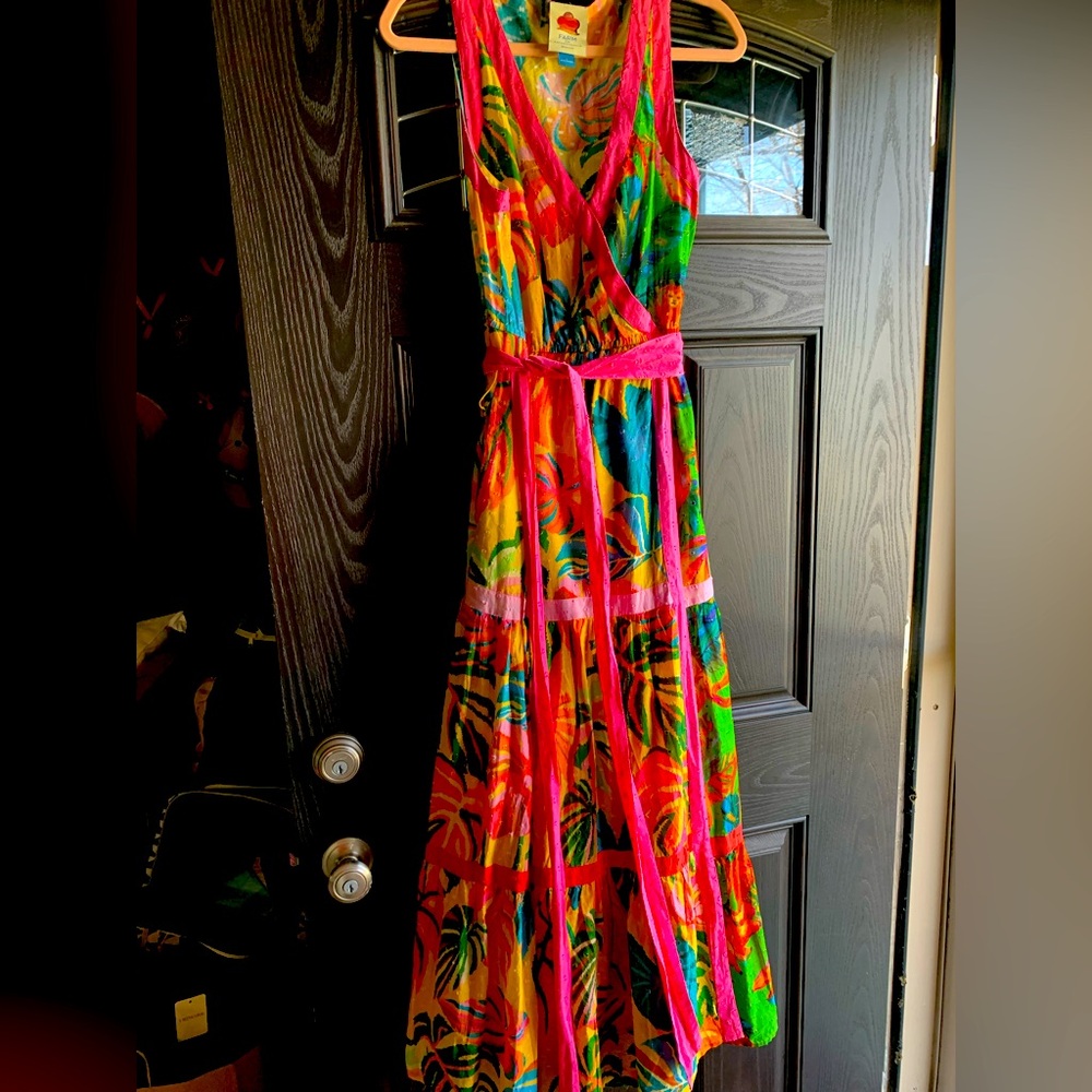 Farm Rio by Anthropologie Palm wrap maxi dress size S. Vibrant colored w belt - Picture 3 of 16